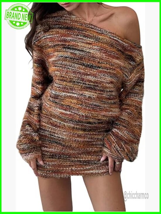 Dresses & Skirts - Womens Fuzzy Marled Knit Sweater Dress Asymmetrical Neck Long Sleeve Mini